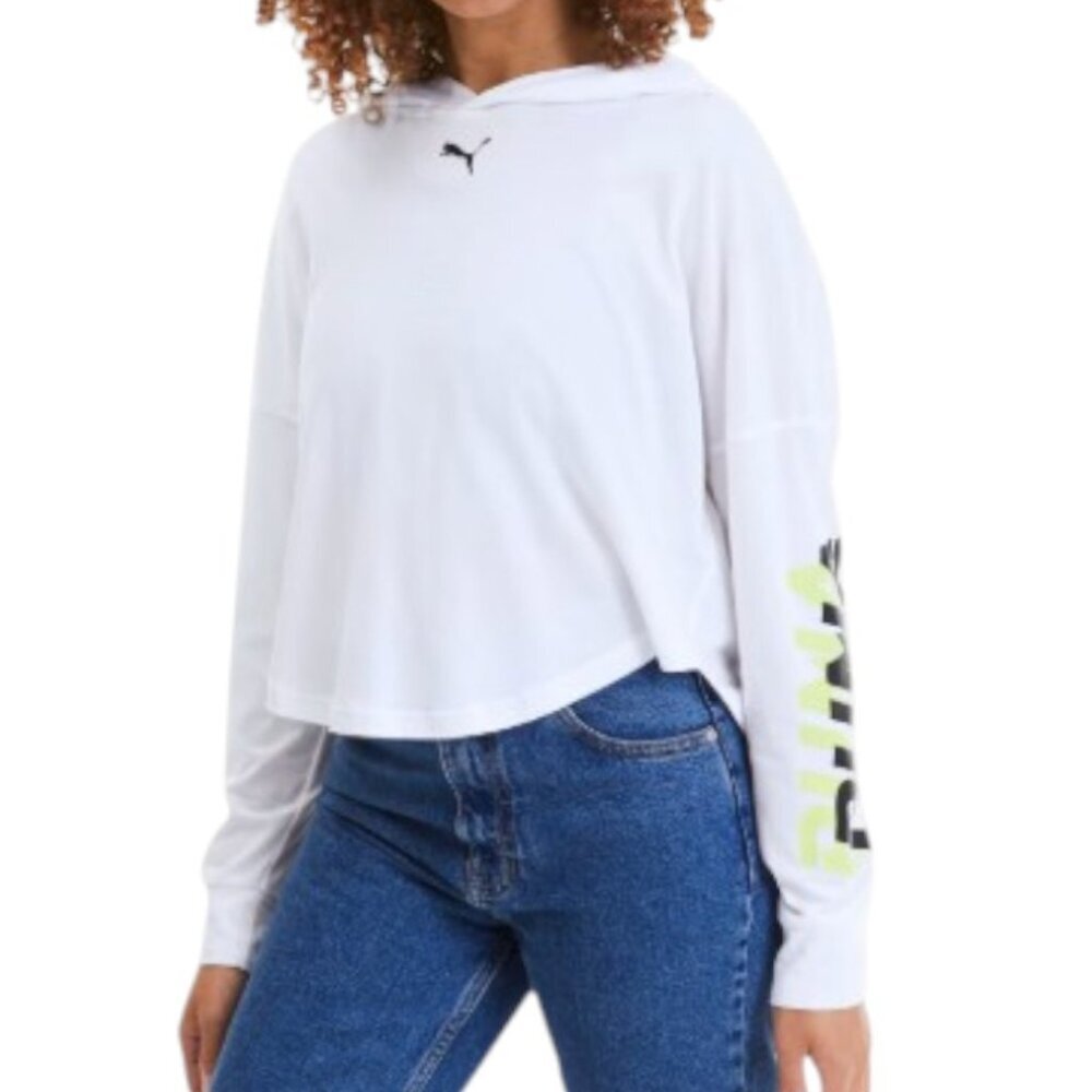 PUMA Women’s White Cropped Hoodie Long Sleeve Logo Top Size XL Pullover